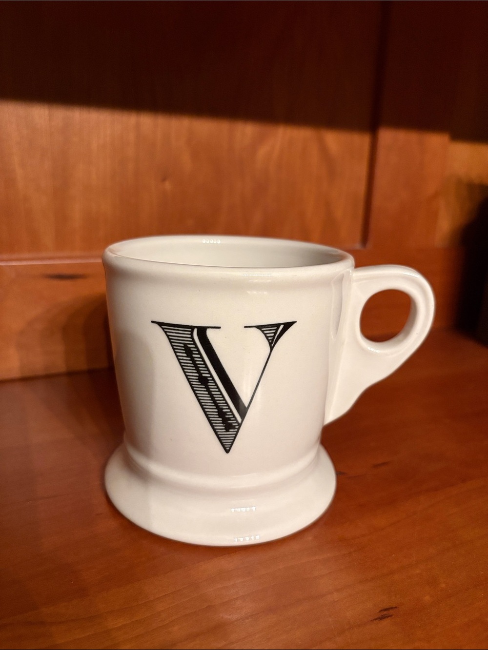 Anthropologie White Ceramic Mug with Black 'V' Monogram